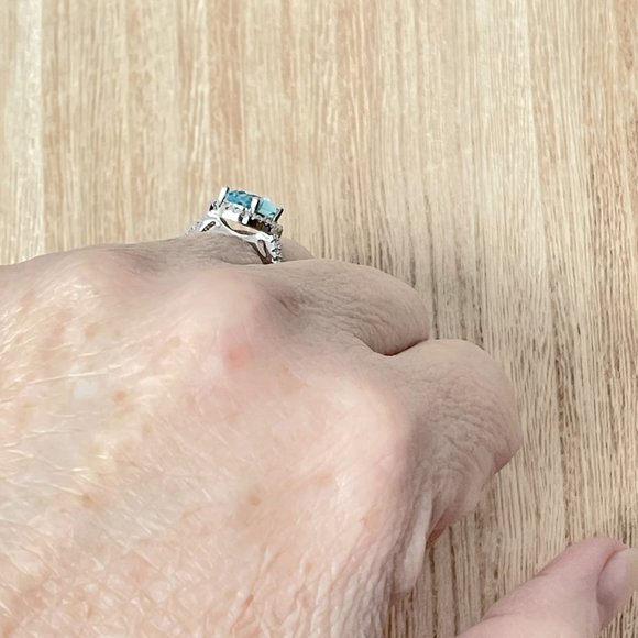 Oval Simulated Light Blue Topaz Halo Ring - 925 Sterling Silver - Picture 5 of 5